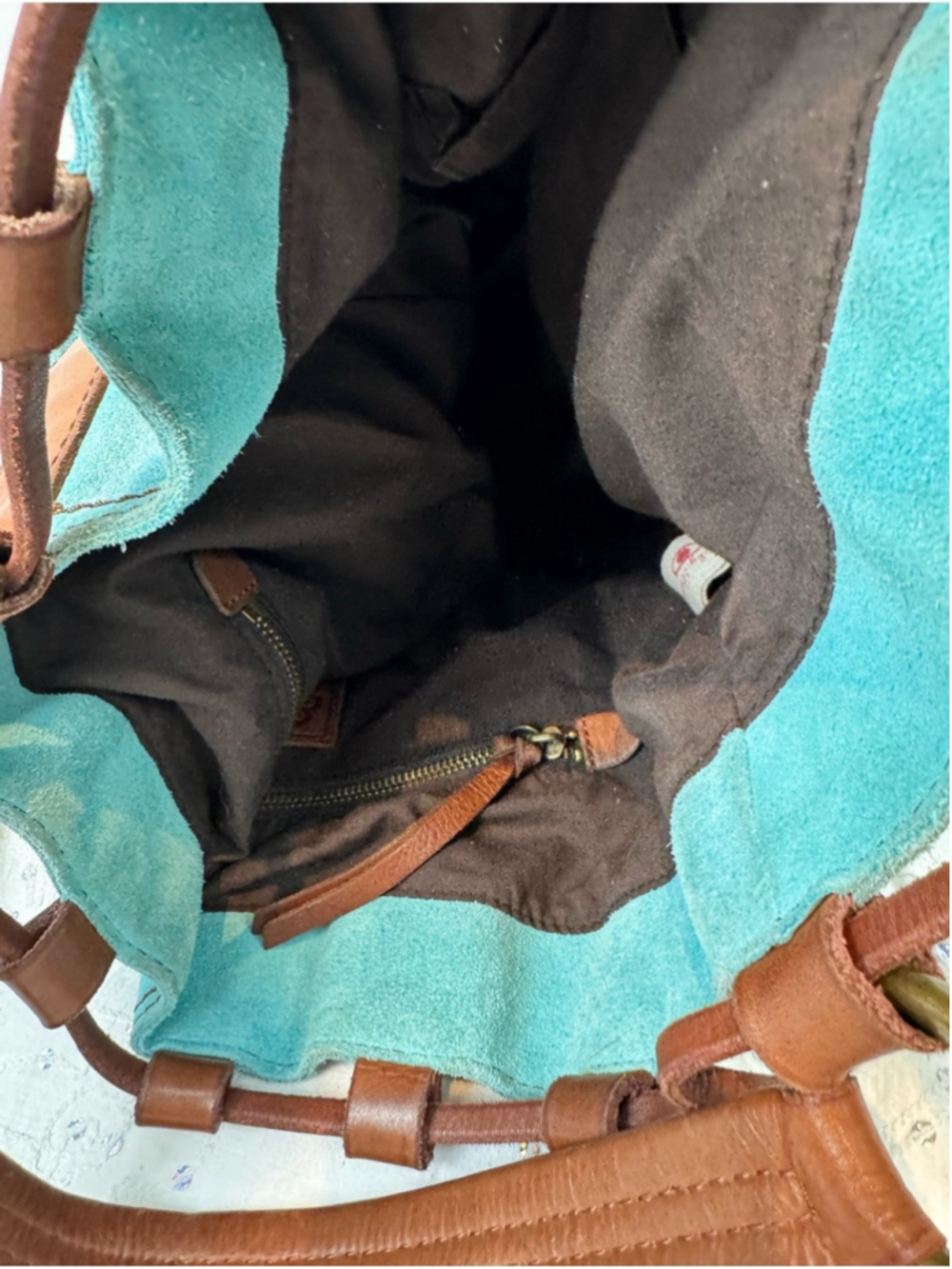 Lucky Brand Y2K Teal Suede Leather Drawstring Hobo Bag Boho Bucket Purse - Picture 5 of 7